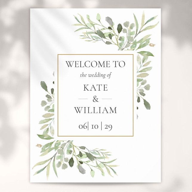 Grönt blomsterbröllop välkomstskylt poster (Greenery Floral Wedding Welcome Sign)