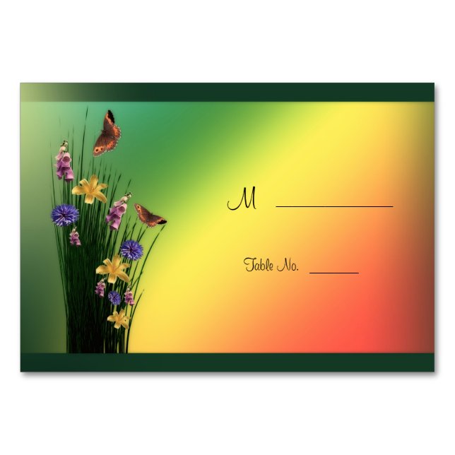 Grönt blomsterbukett och fjärilar bordsnummer (Framsidan)