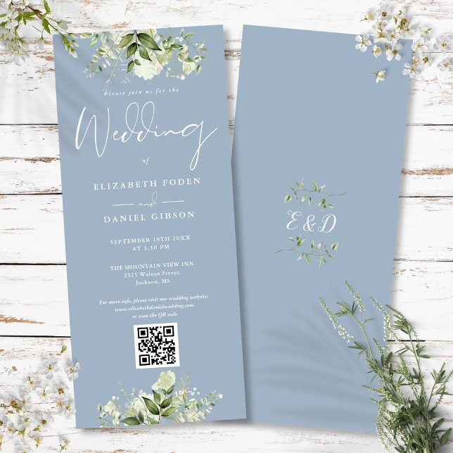 Grönt blomsterdammigt blått QR-kodbröllop Inbjudningar (Greenery Floral Dusty Blue QR Code Wedding Invitation)