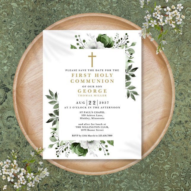 Grönt blomsterfirande första kommunion Spara datum Vykort (Green Floral First Holy Communion Save The Date Postcard)