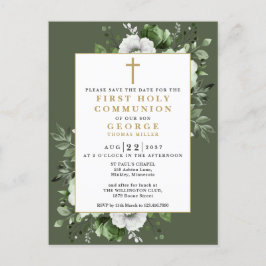 Grönt blomsterfirande första kommunion spara datum vykort