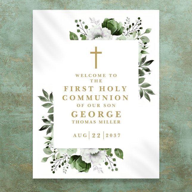 Grönt blomsterfirande välkomstskylt för första hel poster (Green Floral First Holy Communion Welcome Sign)