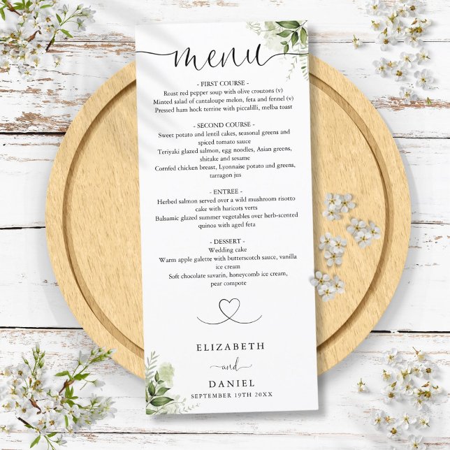 Grönt blomstergott hjärtskrift bröllopsmiddag meny (Greenery Floral Heart Script Wedding Dinner Menu)
