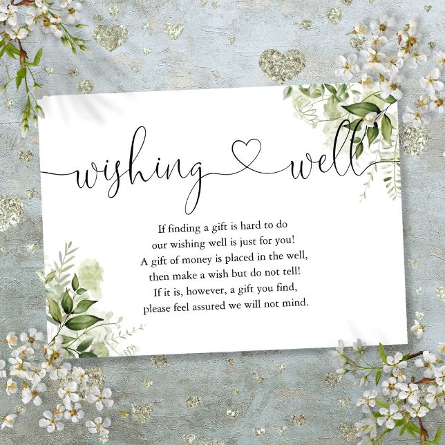 Grönt blomsterguide skript önskar bröllop tilläggskort (Greenery Floral Heart Script Wishing Well Wedding Enclosure Card)