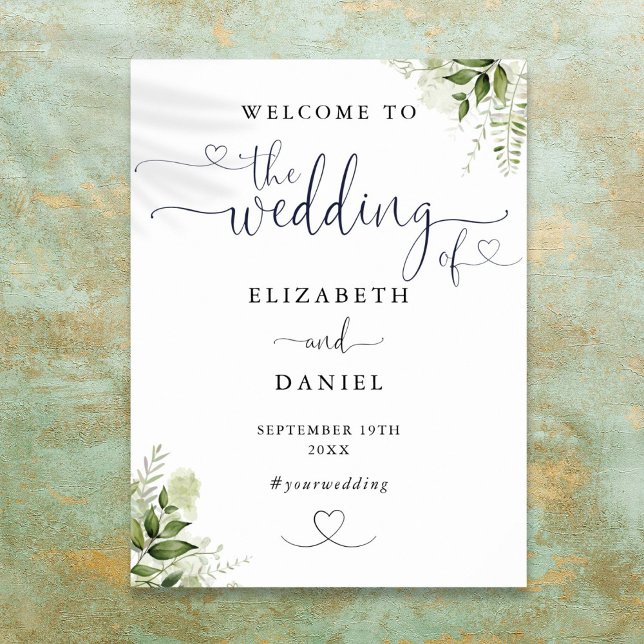 Grönt blomsterhjärt skript vigsel välkomstskylt poster (Greenery Floral Heart Script Wedding Welcome Sign)