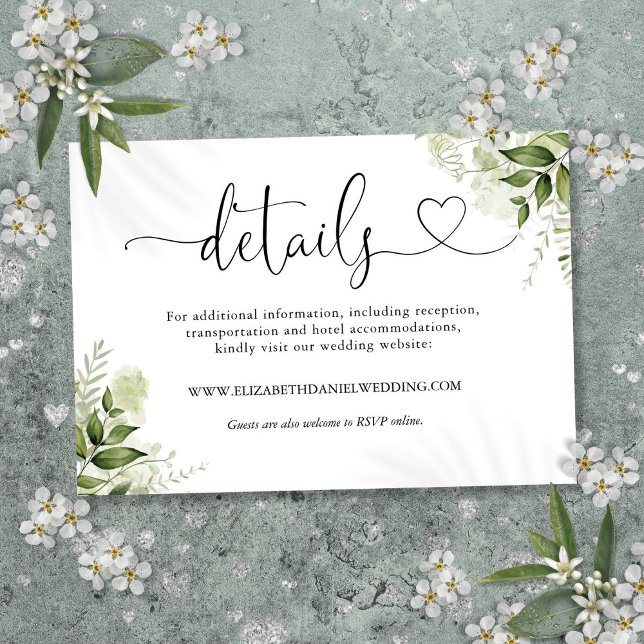 Grönt blomsterhjärtmanus Bröllopsdetaljer Tilläggskort (Greenery Floral Heart Script Wedding Details Enclosure Card)