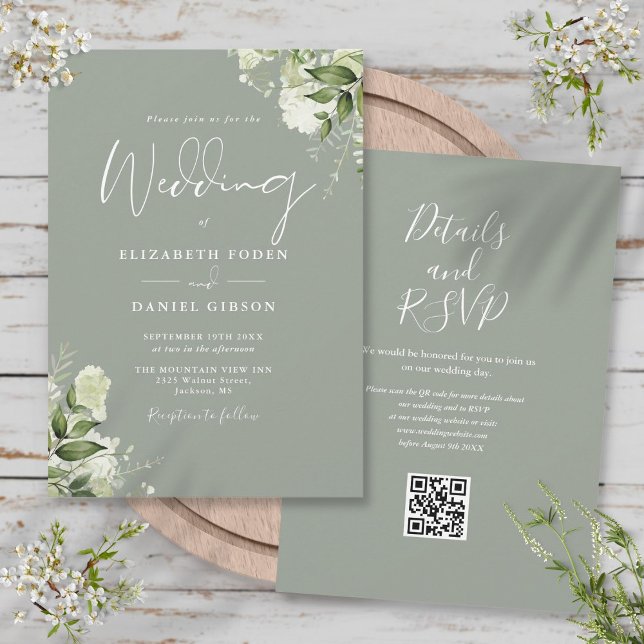 Grönt blomsterkräm Sage grön QR-kod Bröllop Inbjudningar (Greenery Floral Sage Green QR Code Wedding Invitation)