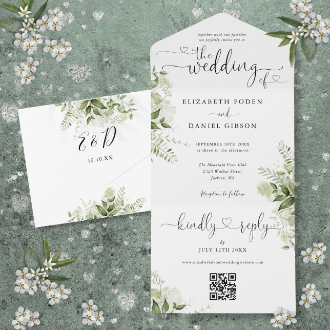 Grönt blomsterliknande script-hjärtan QR-kod bröll (Greenery Floral Script Hearts QR Code Wedding All In One Invitation)