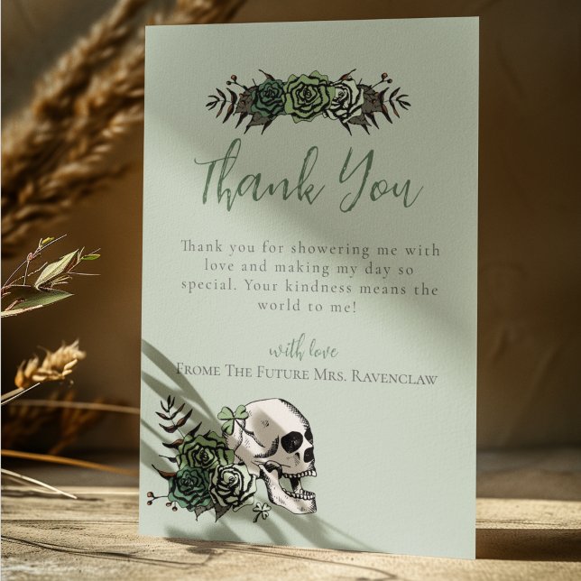 Grönt blomsterlikt dödshuvud och rosor Irländsk br Tack Kort (Elegant Irish Gothic Thank You Card for Bridal Shower or St. Patrick's Day. Hand Drawn Skull & Roses)
