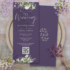 Grönt blomsterlila QR-kod Bröllop Inbjudningar