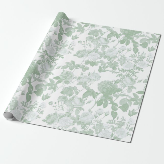 Grönt blomstermönster med rosor i fransk chinoiser presentpapper (Utrullad)