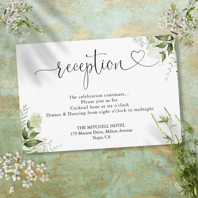 Grönt blomstermönstrat hjärta script bröllopsmotta tilläggskort (Greenery Floral Heart Script Wedding Reception Enclosure Card)