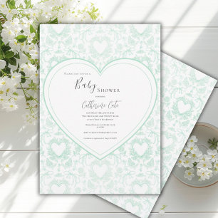 Grönt blomstert fantastiskt hjärta baby shower inbjudningar