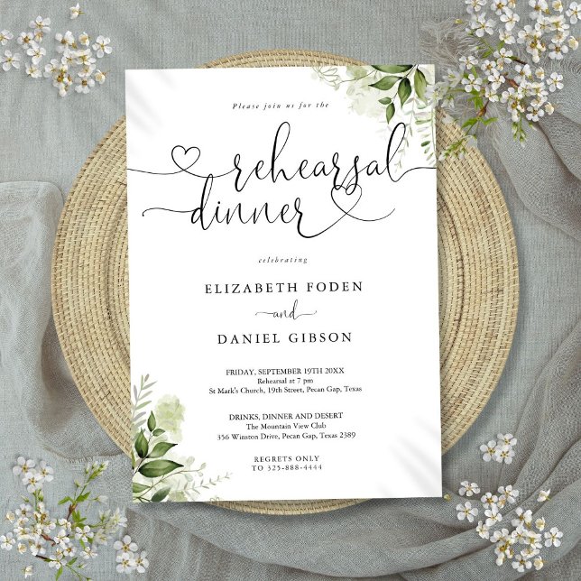 Grönt blomstert hjärtskrift repetition middag inbjudningar (Greenery Floral Heart Script Rehearsal Dinner Invitation)