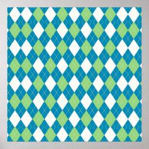 Grönt Blue and White Argyle Mönster Poster