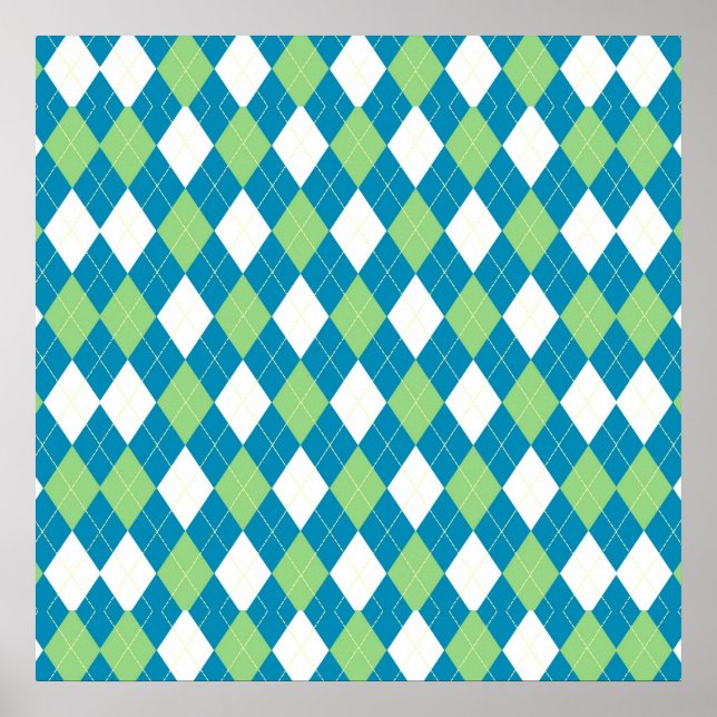 Grönt Blue and White Argyle Mönster Poster (Framsidan)