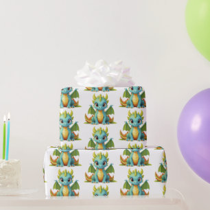 Grönt Blue Baby Dragon Fantasy Wrapping Papper Presentpapper