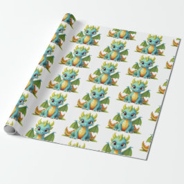 Grönt Blue Baby Dragon Fantasy Wrapping Papper Presentpapper