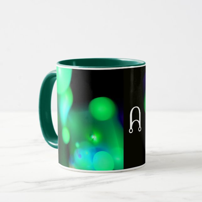 GRÖNT BLUE BLACK FRACTAL BUBBLES MONOGRAM MUGG (Framsida vänster)