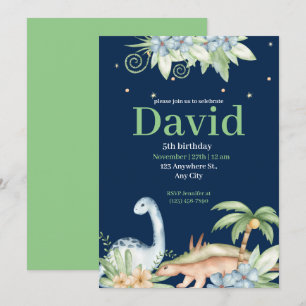 Grönt Blue Blommigt Dinosaur Birthday-inbjudan Inbjudningar