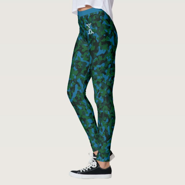 Grönt-Blue Chic Camouflage Mönster Anpassningsbar  Leggings (Vänster)