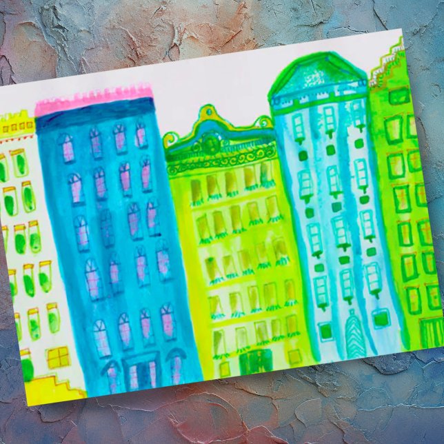 Grönt Blue Cityscape Apartments New York Street Vykort (Colorful watercolor cityscape apartment office buildings custom postcard)