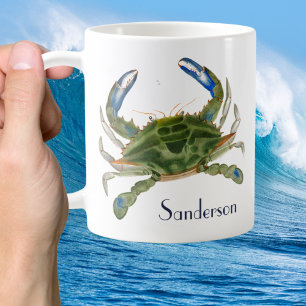 Grönt Blue Crab Nautical Coastal Kaffemugg
