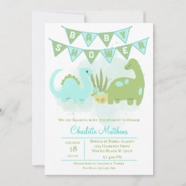 Grönt Blue Cute Dinosaur Mamma och Baby Shower Inbjudningar