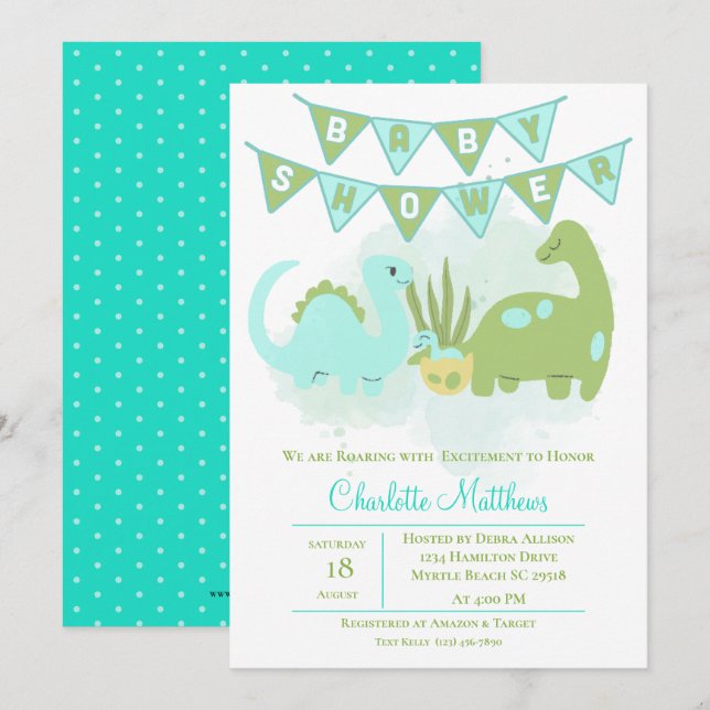Grönt Blue Cute Dinosaur Mamma och Baby Shower Inbjudningar (Fram/baksida)