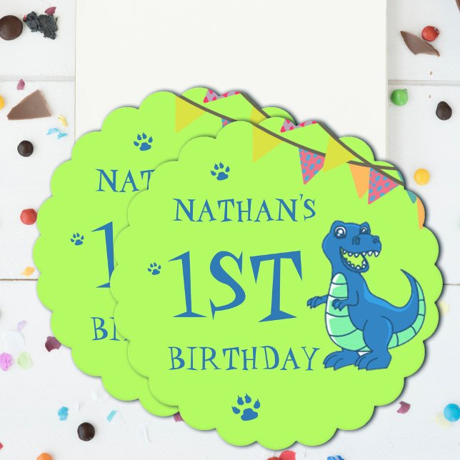 Grönt Blue Dinosaur Thmet Barns födelsedag Party Underlägg Papper (Green Blue Dinosaur Themed Kids Birthday Party Paper Coaster)