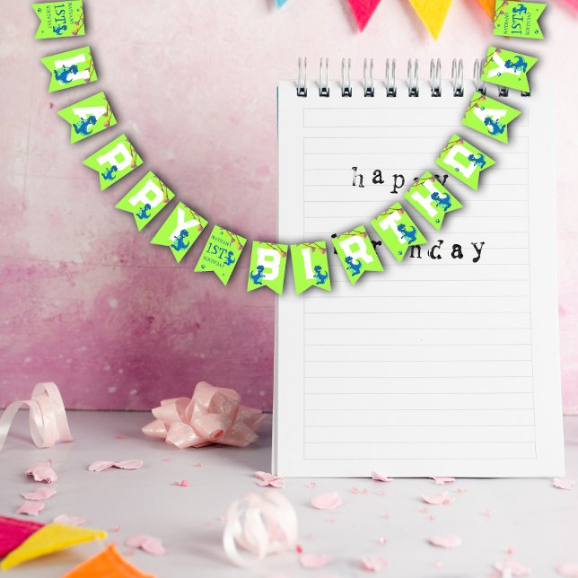 Grönt Blue Dinosaur Thmet Barns födelsedag Party Vimplar (Green Blue Dinosaur Themed Kids Birthday Party Bunting Flags)