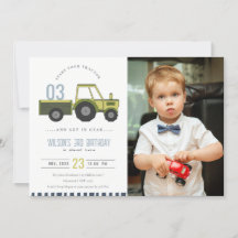 Grönt Blue Farm Tractor Kids Photo Birthday Inbjud