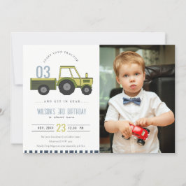 Grönt Blue Farm Tractor Kids Photo Birthday Inbjud Tack Kort
