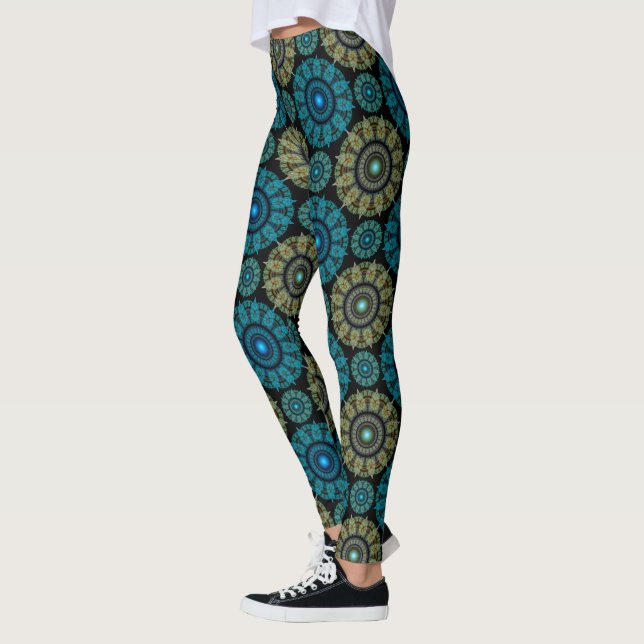 Grönt Blue frakttal helig mönster  Leggings (Vänster)
