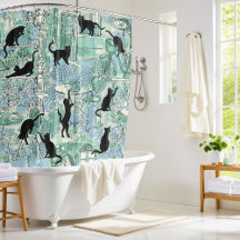 Grönt Blue Fransk Cat Paris Cafe Shower Curtain