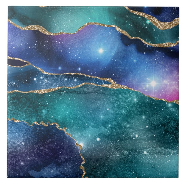 Grönt blue geode galaxy faux gyllene modern kakelplatta (Framsidan)