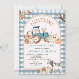 Grönt Blue Gingham Pumpkins Farm Animal Birthday Inbjudningar