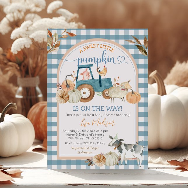 Grönt Blue Gingham Sweet Pumpkin Fall Baby Shower Inbjudningar (Skapare uppladdad)
