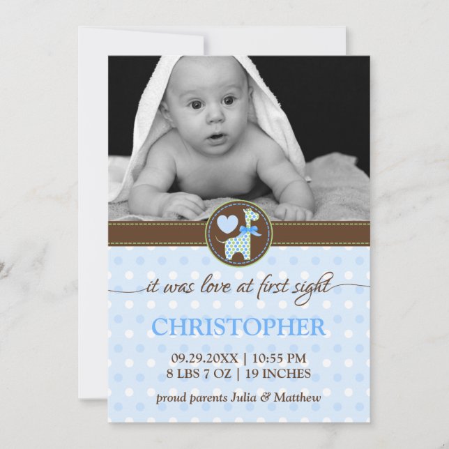 Grönt Blue Giraffe Baby Photo Birth Notice Meddelande (Framsida)