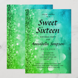 Grönt Blue Glitter Sweet sixteen 16:e födelsedagen Inbjudningar