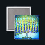 Grönt Blue Hanukkah Menorah Peace Gnistra Shine Magnet<br><div class="desc">"Fred, gnistra, skina." Ett närliggande foto av en ljus, färgstark, blå och grönt artsy-menorah hjälper dig in i helgdag av Hanukkkah i stil. Känn julhelgens värme och glädje när du användor den här ljusa, färgstarka Hanukkah-magneten. Matchningskort, porto, klistermärken, kuddar, husvagnar, totepåsar och andra produkter finns också tillgängliga i min "Hanukkah...</div>