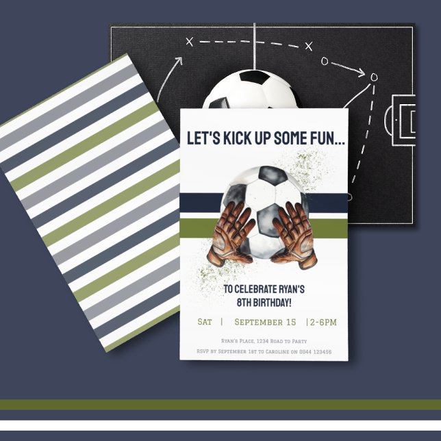 Grönt Blue Kids Sport Fotboll Inbjudningar (Soccer Football Sports Game Time Let's Kick Up Fun Birthday Party Invitation)