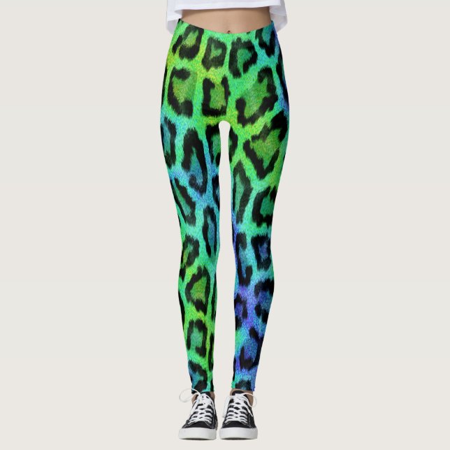 Grönt Blue Leopard Skriv ut Leggings (Framsida)