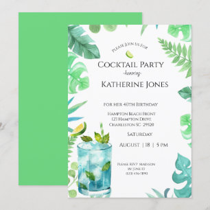 Grönt Blue Lövs 40:e födelsedag Cocktail Party Inbjudningar