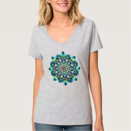Grönt/Blue Mandala V-nacke T-Shirt