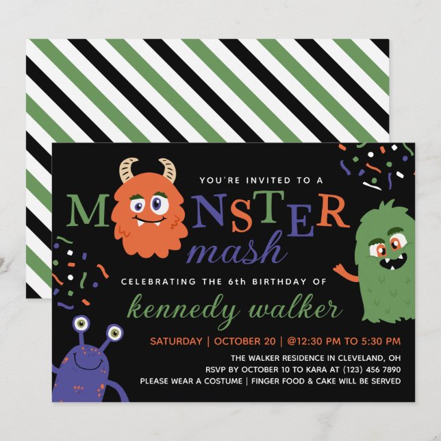 Grönt Blue Monster Mash Halloween fest Inbjudningar (Fram/baksida)