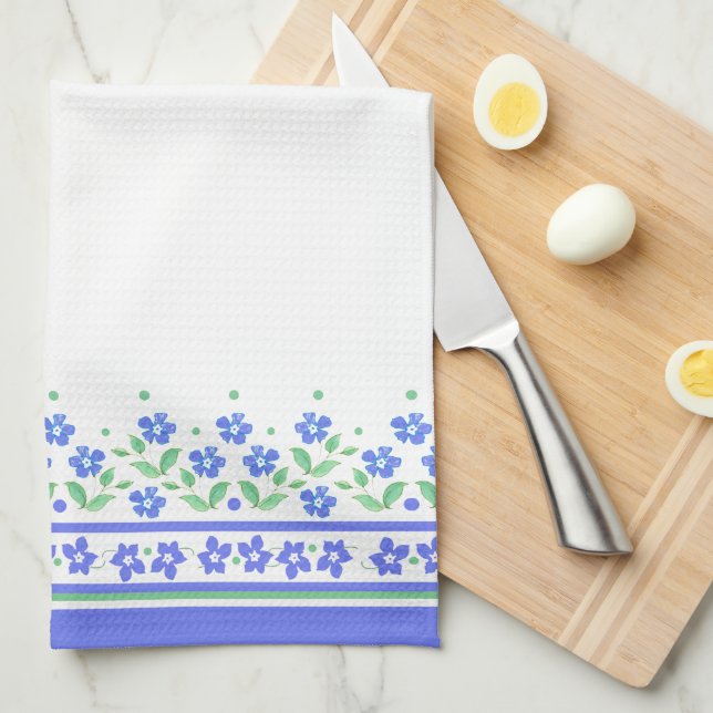 Grönt Blue Periwinkle Blommigt Gräns för att anpas Kökshandduk (Vikt i Fjärdedel)