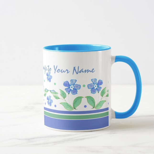 Grönt Blue Periwinkle Blommigt Gräns för att anpas Mugg (Höger)