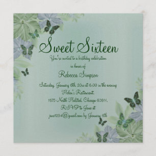 Grönt & Blue Shimmer Butterfly Sweet 16 Inbjudan