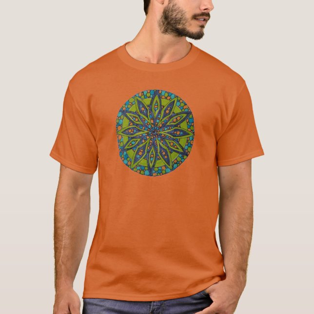 Grönt/Blue Starburst Mandala T-shirt (Framsida)